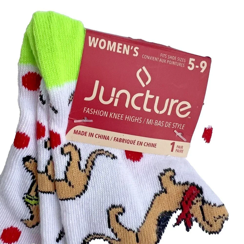 Women's Juncture - White/Red/Brown Dachshund Dog Polka Dot Knee High Socks 6-9